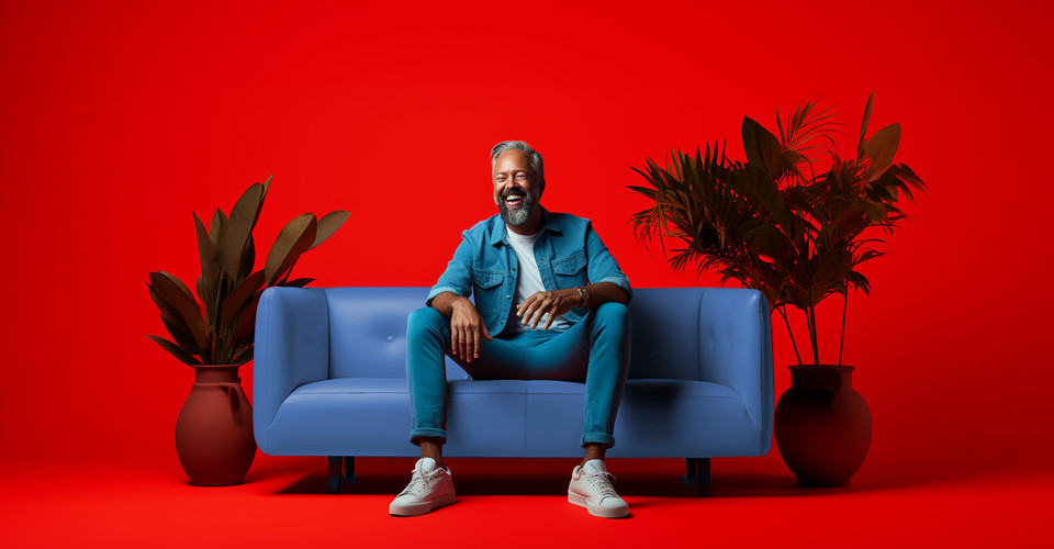 Lachende Man Bank Blauw Achtergrond Rood